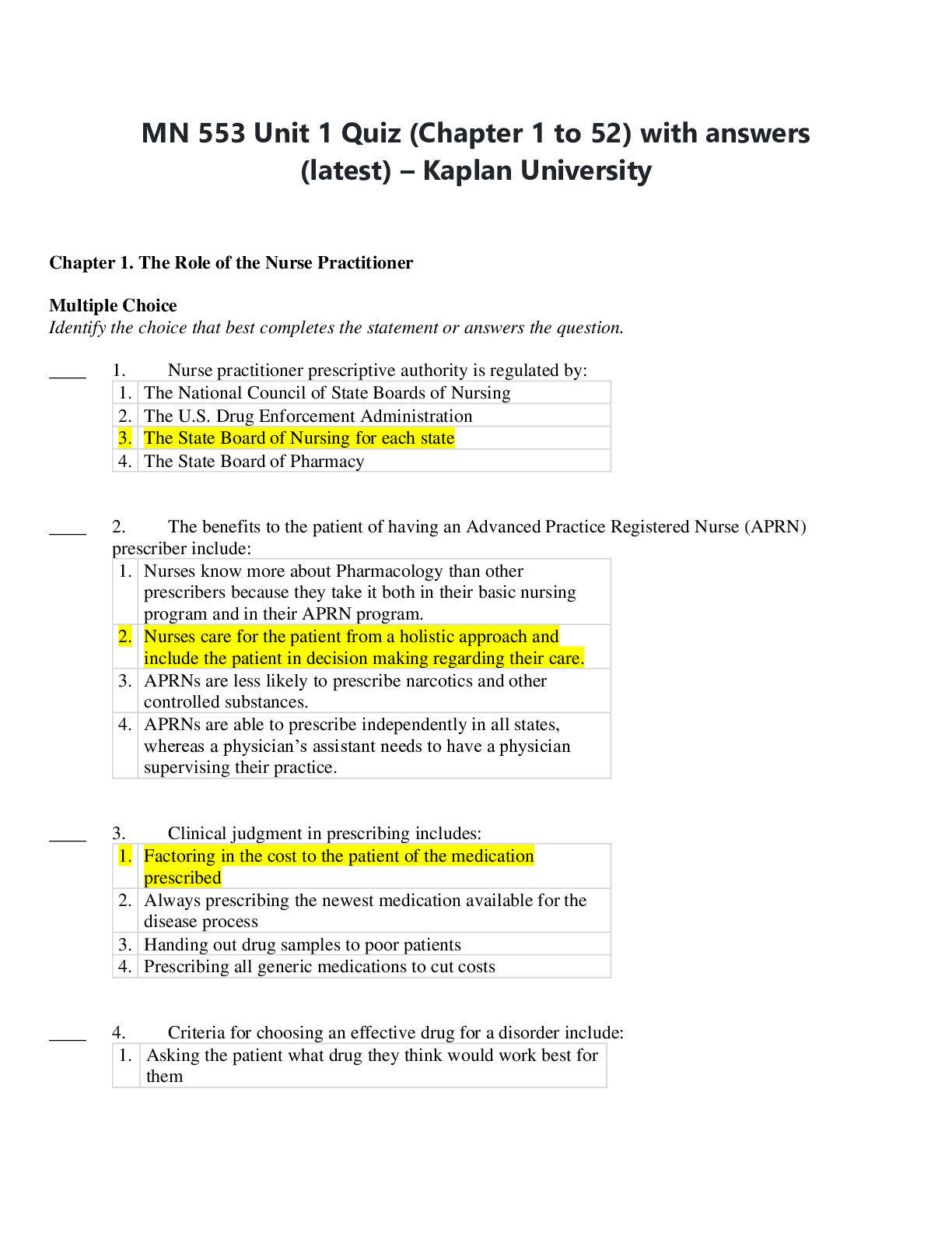 MN 553 Unit 1 Quiz (Chapter 1 to 52) with answers (latest) – Kaplan University